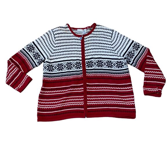 Villager Sport Liz Claiborne Red White Blue Fair Isle Snowflake Zip Up Cardigan - Picture 4 of 12